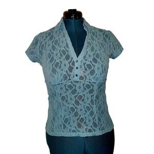 Apt 9 Womens Top ASO Rachel Green M Teal Floral Lace Short Sleeve V Neck Sheer